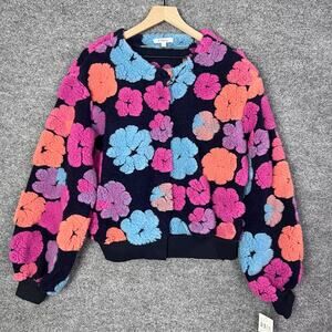 NWT Polagram Women SZ L Long Sleeve Rib Knit Sweater 3D Floral Cardigan‎ Fleece